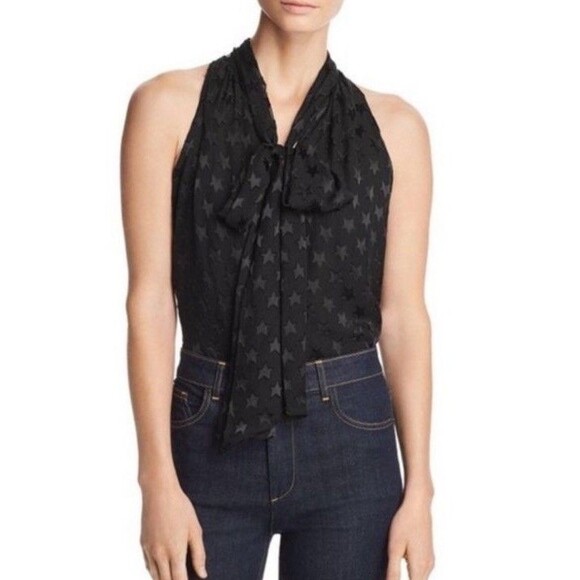 Alice + Olivia Delphine Black Star Burnout Print Silk Bow Tie Blouse Size Medium - Picture 1 of 11